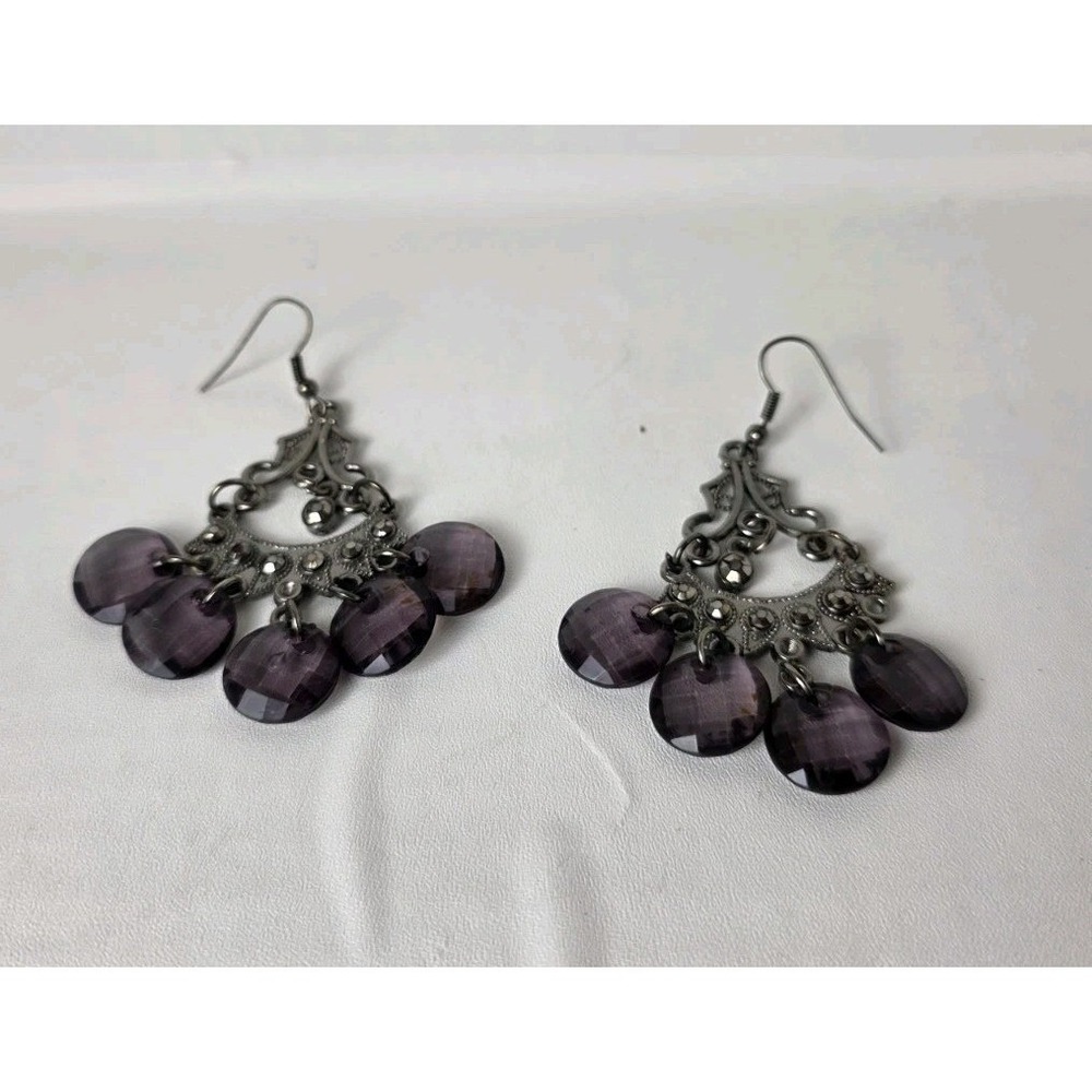 Silver Tone Purple Rhinestone Chandelier Dangle Earrings Boho Statement